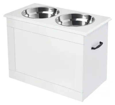 Obrázek produktu pro PawHut Miska pro psy s úložným prostorem, 2 misky, krmítko, miska pro kočky, bílá