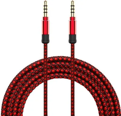 A red and black braided AUX cable with gold connectors on a white background.