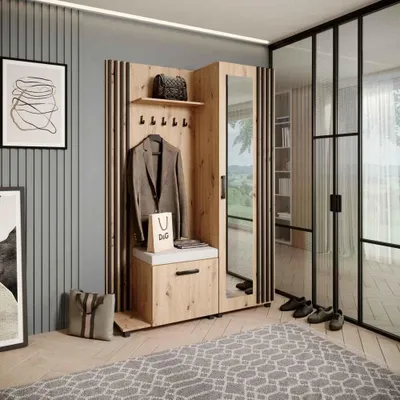 Produktbild von Garderobenschrank LIVIA – Garderoben-Set mit Spiegel und Aufhängern, Eiche Artisan, Lamellen in Schwarz, Sitzkissen in Hellbeige, Links