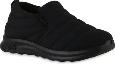 A black winter bootie is shown against a white background.