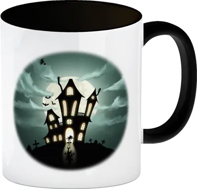 Produktbild von Kaffeetasse mit gruseligem Geisterhaus Motiv und Spruch - Happy Halloween