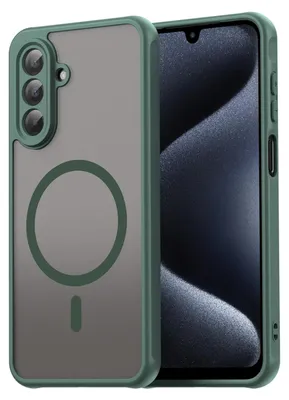 A green phone case with a frosted back and a magnetic ring is shown next to a smartphone.