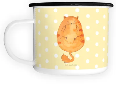 Produktbild von Mr. & Mrs. Panda Emaille Tasse Katze Frühaufsteher - Gelb Pastell - Geschenk, Tiger, Kater, Katzen, Teebecher, Teetasse, Pott, Große, Kaffee, Becher