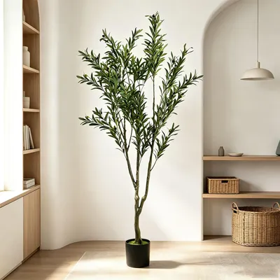 Zdjęcie produktu dla Sztuczne drzewo oliwne Ikodm, wysokość 180 cm, w doniczce. Roślina ozdobna z 3 gałęziami i 865 liśćmi, idealna jako dekoracja do salonu, biura i holu
