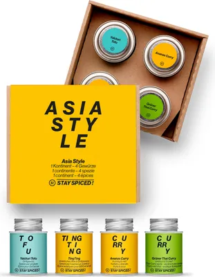 Produktbild von STAY SPICED  Gewürzbox "Asia" aus 4 ausgewählten Gewürzen | Geschenkset Gewürze |  Madras Curry, Tofu Gewürz, Thai Curry und Wok und Grillgewürz