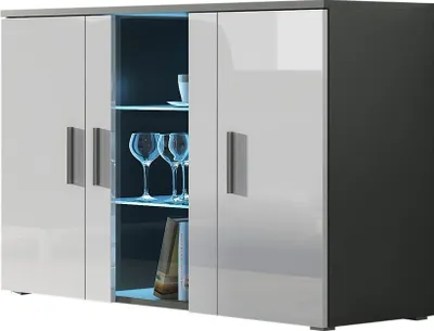 Produktbild von Furniture24 Kommode mit Blauer LED Beleuchtung SOHO S7 Sideboard Schrank Wohnzimmerschrank mit 3 Türen Grau/Weiß Hochglanz