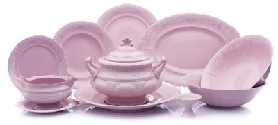 Produktbild von Leander Sonata Esstischset, weiße Spitze, rosa Porzellan, Leander, 25 Teile