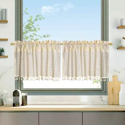 Kurze Gardinen, 2 Stück, 100 x 45 cm, geometrisches Muster, Boho-Stil, Polyester