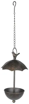 Produktbild von Hängende Metall-Vogeltränke, braun, antiker Look, mit Regenschirm & Vogelstatue, 19x35 cm