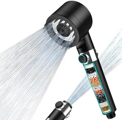 Produktbild von Duschkopf mit Hochdruck, Handbrause mit Filter und 3 Strahlarten – schwarz, mit 15 Schichten zur Filterung von hartem Wasser, Restchlor, Bakterien und Schwermetallen