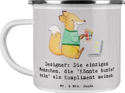 Produktbild von Mr. & Mrs. Panda Pott Designer Kompliment - Grau Pastell - Geschenk, Emaille Tasse, für, Geschenke Berufstätige, Haferl, Grafik-Design, mit Herz, kreative, Becher, Beruf