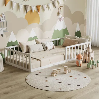 A child's bedroom with a bed, toys, and wall decorations.