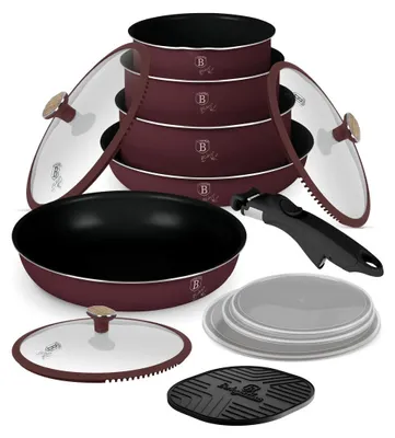 A set of burgundy cookware with glass lids and a detachable handle, arranged on a white background.