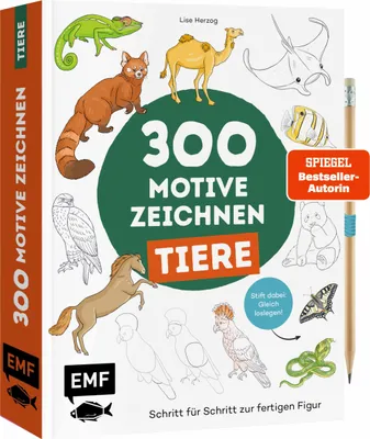 Produktbild von EMF Verlag Zeichenbuch Tiere: 300 Motive, Mitnahmeformat, für Anfänger & Familien, inkl. Bleistift