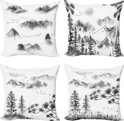 Produktbild von ABAKUHAUS Skizzieren Dekokissen Kissenbezug 4er Pack, Berge und Frühlings-Bäume, Modern Accent Doppelseitiger Digitaldruck, 40 x 40 cm, Grau weiß