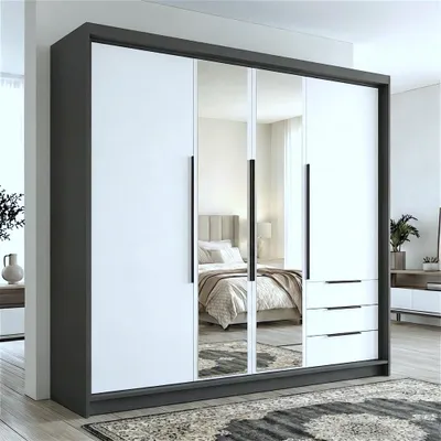 Produktbild von Geräumiger vier-türiger Kleiderschrank VIVO mit Schubladen und Metallgriffen – modernes Design