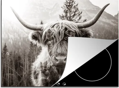 Obrázek produktu pro KitchenYeah® Krycí deska na sporák Scottish Highlander - Animals - Black - White , 70x52cm, dekorace do kuchyně, keramická krycí deska na sporák, krycí deska na varnou desku