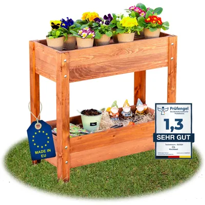 Produktbild von ITA Hochbeet aus Holz 80x37x78 cm - Pflanzkasten mit 2 Ebenen & Innenfolie -  EU - Direkt vom Hersteller -Kiefernholz - Pflanzbeet Blumenkasten für Garten Balkon Terrasse - Braun