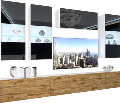 Produktbild von BELINI Wohnwand Vollausstattung Wohnzimmer-Set Moderne Schrankwand mit LED-Beleuchtung Weiß Glänzend Anbauwand TV-Schrank Schwarz / Wotan Eiche Glänzend/Matt