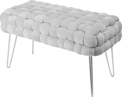 A light gray upholstered bench with a woven texture sits on four silver hairpin legs against a white background.