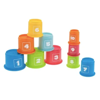 A set of numbered stacking cups in various bright colors, arranged in two stacks.