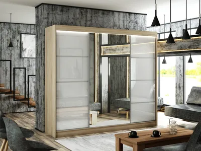 Produktbild von Kleiderschrank Venus III 250 cm inklusive 3 Schiebetüren mit Spiegel Lieferung bis in die Wohnung Kleiderstange Garderobe Schrank (Farbe: Eiche sonoma, lacobel weiß)