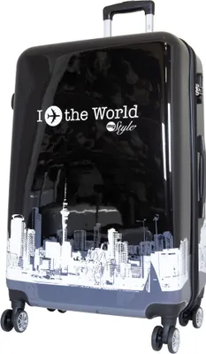 Produktbild von Hartschalen-Motivkoffer Großer Reisekoffer Fly the world schwarz 77 cm Motivkoffer Dehnfalte