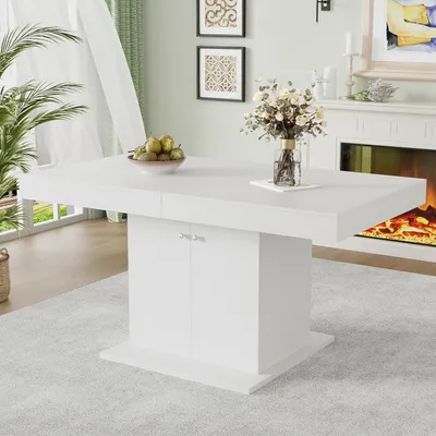 Produktbild von okwish Ausziehbarer Esstisch Klapptische L140/180*W80*H76cm, Freizeittisch rechteckiger für Wohnzimmer Betonoptik, Automatischer Teleskoptisch, Weiß