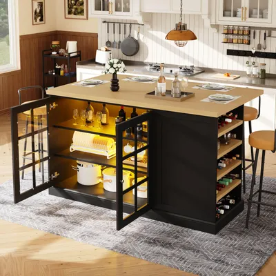 Produktbild von MODFU klappbarer Bartisch Kücheninsel mit Farbige LED-Beleuchtung Kücheninsel Küchenschrank mit schräges Weinregal platzsparend USB-Betrieb Schwarz