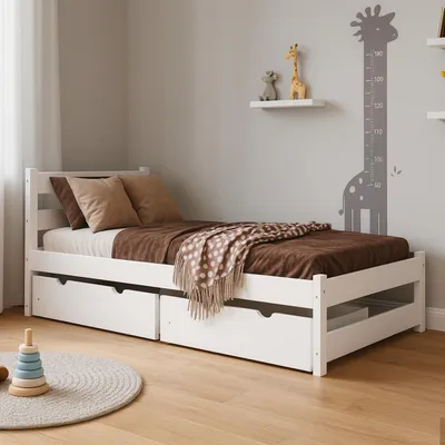 Produktbild von MEBLE WRÓBEL Kinderbett 90x190 cm mit 2 Schubladen und Lattenrost - Einzelbett aus Kiefer Massivholz - Kinder Bett Montessori - Jugendbett in Weiß - ohne Matratze