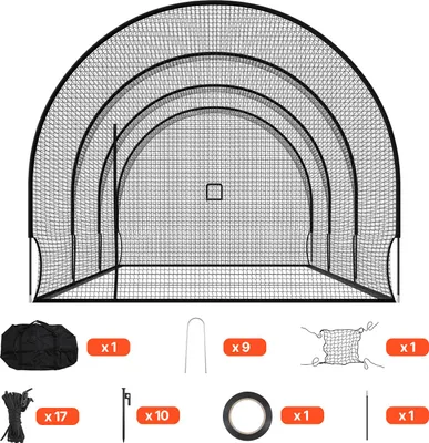 Obrázek produktu pro SucceBuy Baseballová klec (půlkruhová) Síť 10058x3660x3000 mm, tréninková síť z odolné 4vrstvé polyesterové tkaniny bez uzlů a s otvorem pro nadhazovací stroj, včetně síťové klece pro trénink softballu