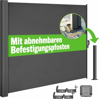 A dark gray retractable side awning with a green banner featuring white text and an inset image showing a mounting detail.