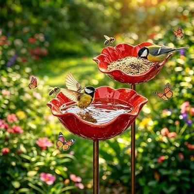 Produktbild von Futterstation Vögel,Vogeltränke Metall,Insektentränke Blumes Für Den Garten,Vogeltränke Winterfest Gartenstecker,Bienentränke Gartens Für Bienens,Futterschale, Für Rase (C- 2 Stück Rot)