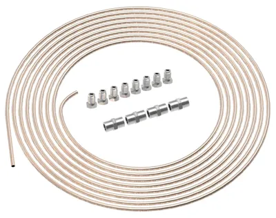 Image de Tuyau de frein AUPROTEC, longueur 3 mètres, diamètre 4,75 mm, en kunifér, avec homologation ABE, en kit comprenant : 8 raccords et 4 connecteurs M10 x 1 conformes à la norme DIN 74 234. Tuyaux de frein en cuivre-nickel disponibles pour le sertissage F