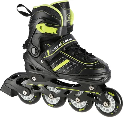A single black and yellow inline skate is shown against a white background.
