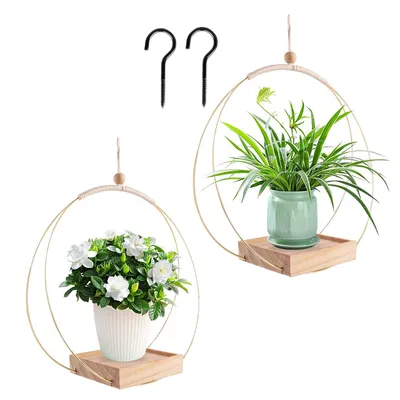 Produktbild von Hängender Blumentopf mit Holzsockel – Goldener Metallring, Ø 30 cm, dekorativer Pflanzenhänger für Innenräume