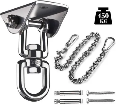 Obrázek produktu pro Stropní hák z prvotřídní nerezové oceli s možností otáčení o 360 stupňů, nosností 450 kg, prodlužovatelným řetězem a závěsnou sedačkou pro dětské hřiště.
