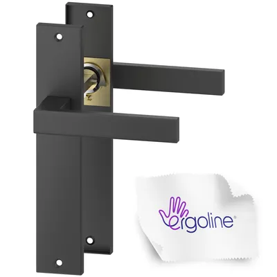 A pair of black door handles with a gold lock mechanism, shown against a white background. A small white cloth with a purple logo is in the bottom right corner.