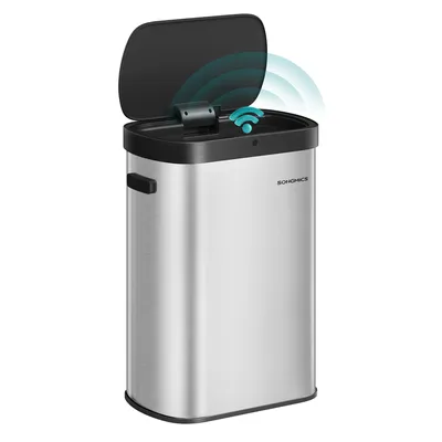 A stainless steel automatic trash can with its lid open, showing a sensor and Wi-Fi signal graphic.