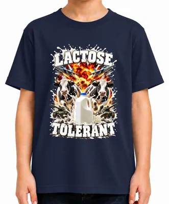 Imagen del producto de Camiseta para niños, color azul marino, con el texto "Lactose Tolerant Kuh Milch Action Explosion Panzer Milchtrinker" y la talla 152