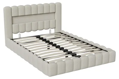 Image de Lit avec tête de lit capitonnée - Lit double 180x200 cm - Coffre de lit avec espace de rangement - Éclairage LED - Ports USB - Tête de lit avec étagère - Sans matelas - Beige