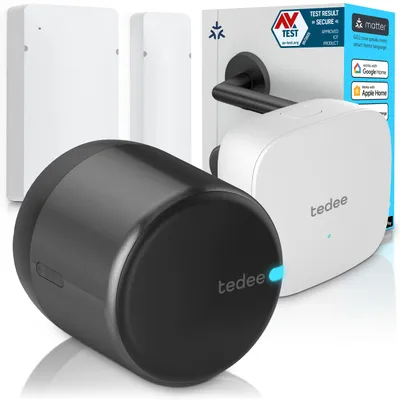 Obrázok produktu pre Tedee GO2 Alu s Bridge a senzorom dverí – Inteligentný zámok na dvere, WiFi, vzdialený prístup, automatické zamykanie | Matter, Apple HomeKit