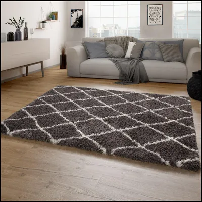 Produktbild von Hochflor Teppich Wohnzimmer Shaggy Langflor Skandinavisches Rauten Muster Modern Grösse 60x90 cm