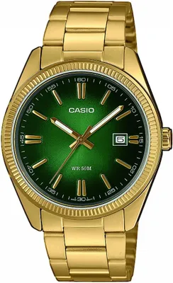 A close-up studio shot of a gold-colored Casio watch with a green dial.