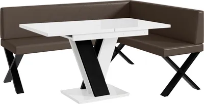 Produktbild von MEBLINI Eckbank für Esszimmer mit ausziehbarem Tisch  - Küchenbank - Essecke - Sitzecke Küche - ERIC - X-Beine 128x168x87cm Rechts - Braun Kunstleder/M Weiß-Schwarz Hochgl.