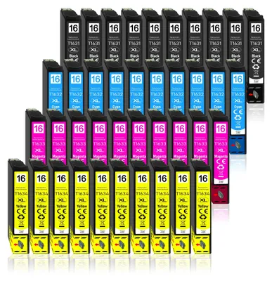 A collection of ink cartridges arranged in rows.