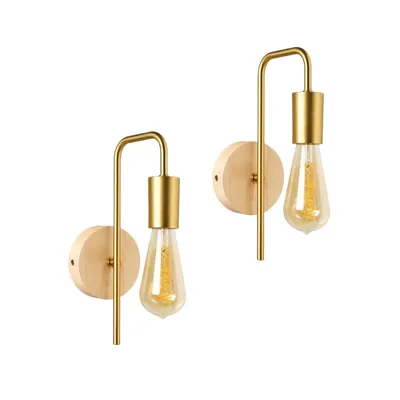 Image de Lot de 2 appliques murales avec socle en bois et métal doré, design scandinave minimaliste, douille E27