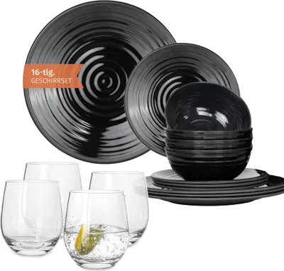 Produktbild von Melamin Camping Geschirr Set 4 Personen Stone Dark Black + 4 Timo Gläser Wassergläser Tafelgeschirr Picknick BBQ Kochgeschirr