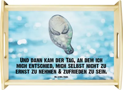 Produktbild von Mr. & Mrs. Panda Deko Tablett Seekuh Happy - Oceanblue - Geschenk, Servier, Achtsamkeit, Zufrieden, Holztablett, sofatablett, Seekühe, Freundin, für bett, Meer, Respekt