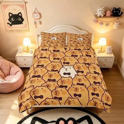 Immagine prodotto di Set di lenzuola e copripiumino con motivo capibara - Singolo - Beige